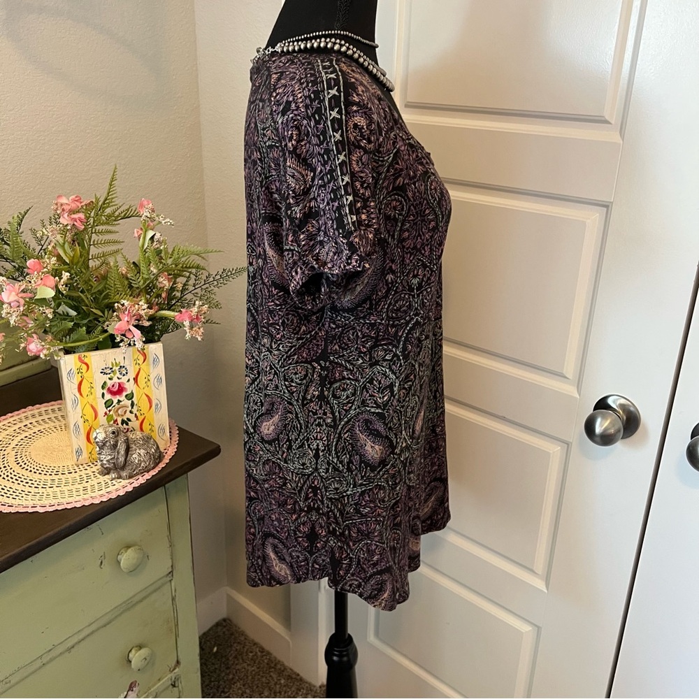 Lucky Brand Colorful Faux Embroidery Paisley Boho Short Sleeve T-Shirt Blouse L - Picture 7 of 10